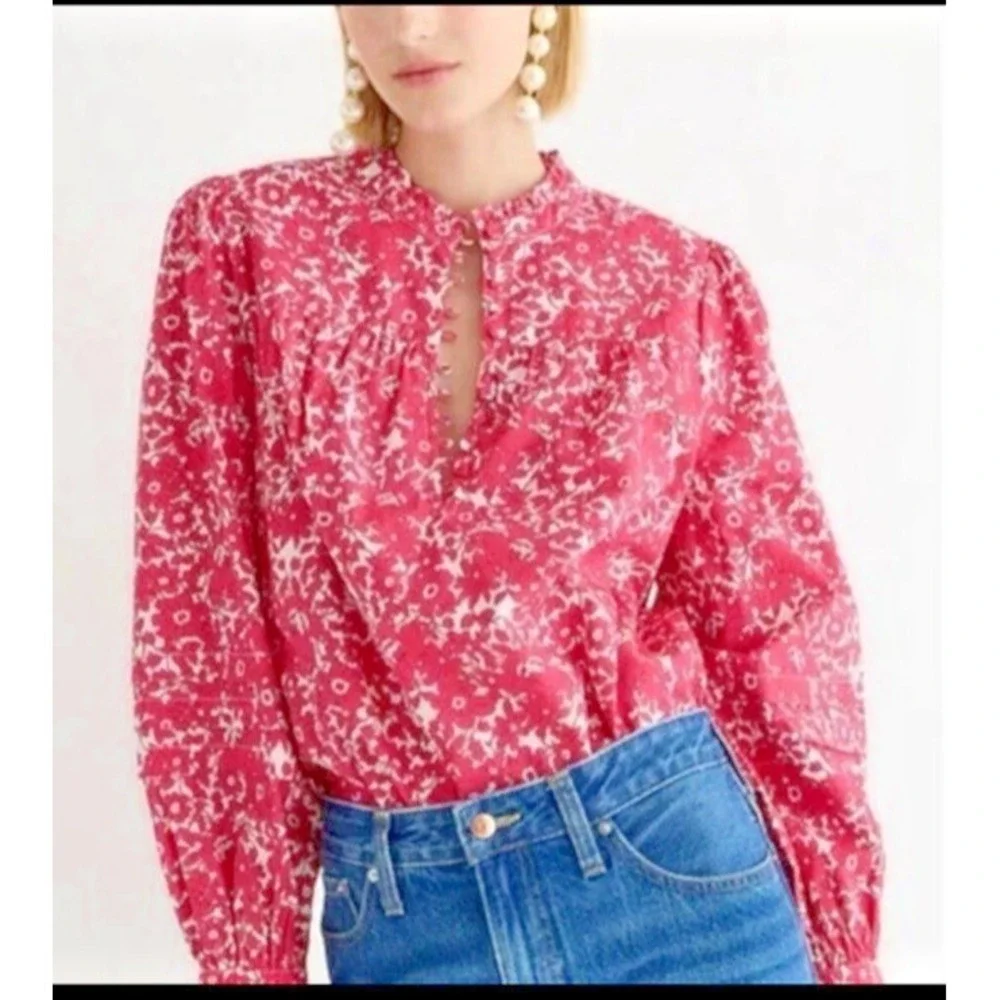 J. Crew Pink Floral Long Sleeve Popover Blouse Top Size Medium Coastal Peasant
